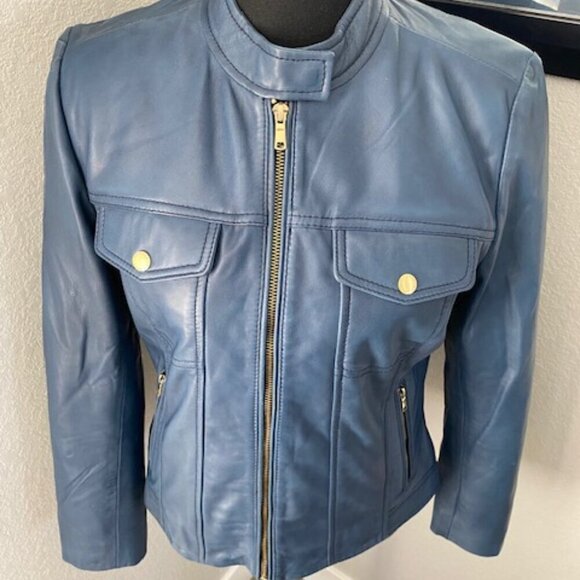COLE HAAN 100% Leather Indigo Blue Moto Jacket Coat Small - Picture 3 of 12